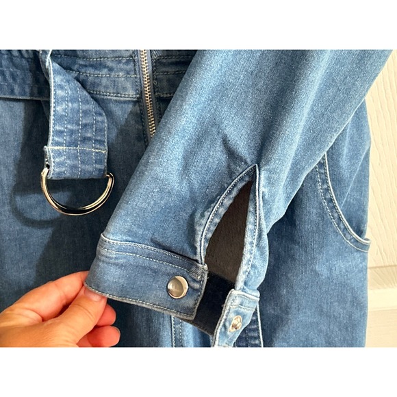 MEBON Denim Utility Jumpsuit Shorts Set Belted Zip Front Short Sleeve Women's M - Picture 11 of 12